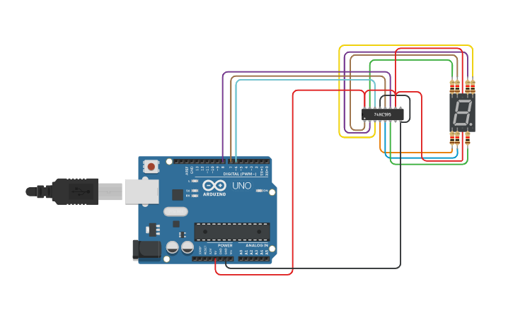 Circuit design 74HC595 + 7-segment display - sector.sk - Tinkercad