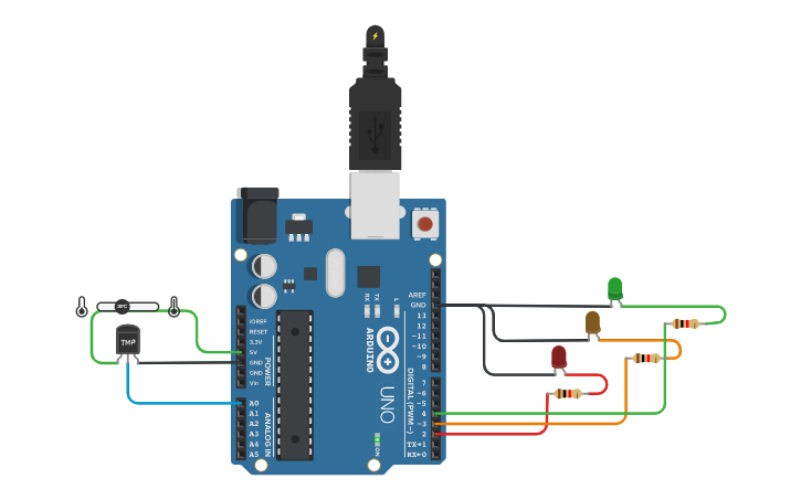 Circuit design Temperature sensor with leds - Tinkercad