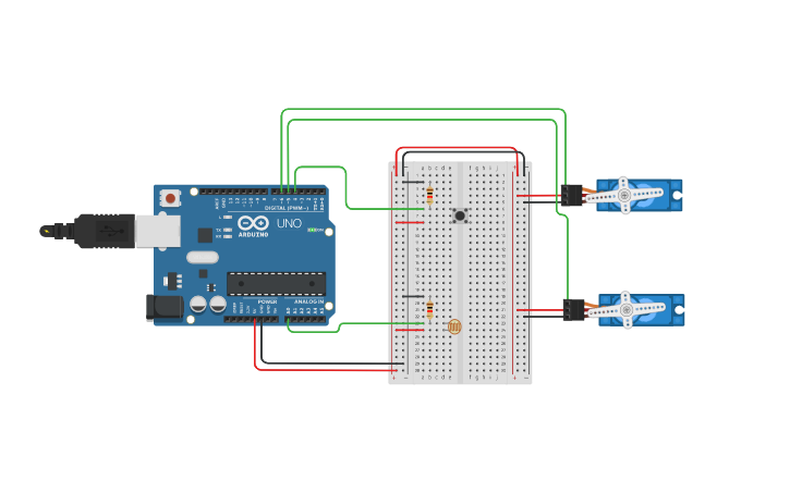 Circuit design SERVO + LDR+ PUSH BUTTON | Tinkercad