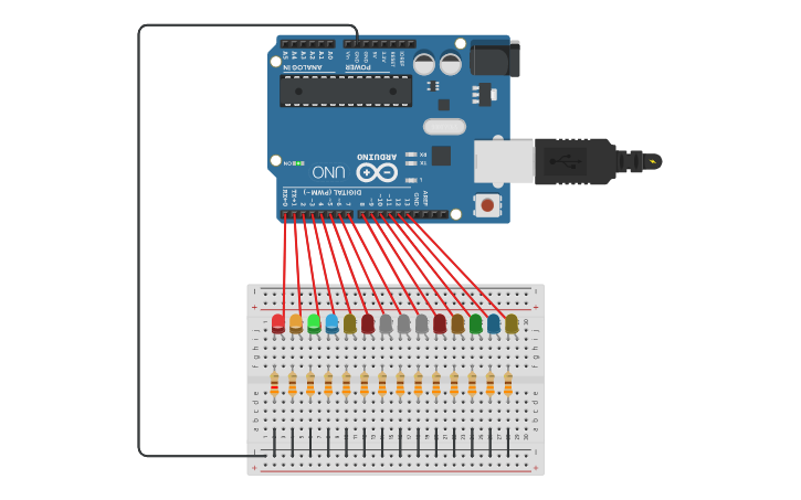 Circuit design ARDUINO CON 13 LEDS EN SECUENCIA - Tinkercad