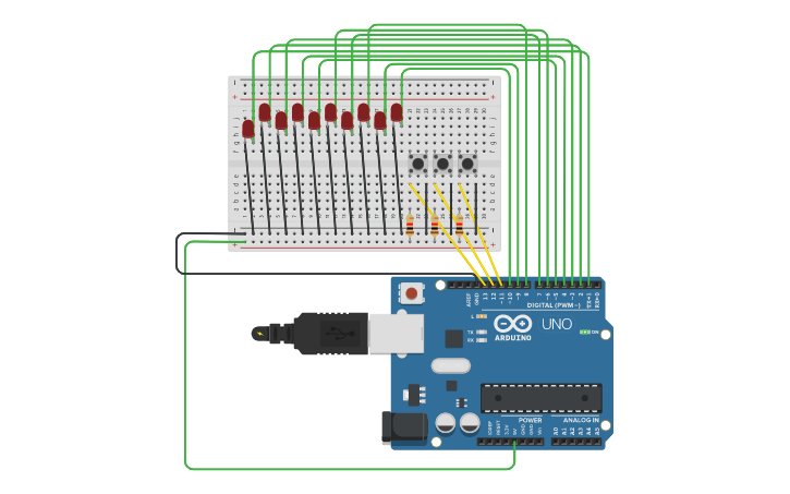 Circuit design 3 Push Button - Tinkercad