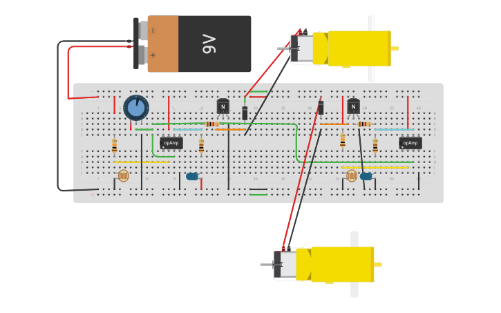 Circuit design light follower robotic - Tinkercad