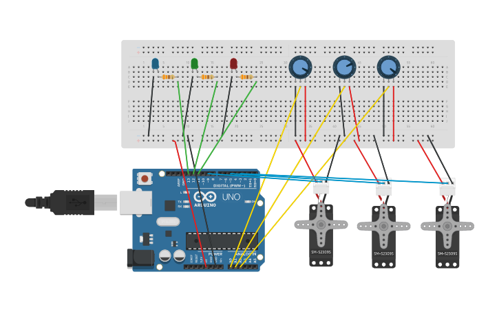 Circuit design 3 pot ,3 led y 3 servos - Tinkercad