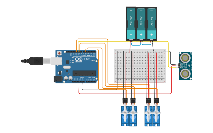 Circuit design circuito arduino+4 servomotores | Tinkercad