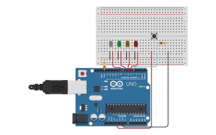 Circuit design LEDS CON PULSADOR - Tinkercad