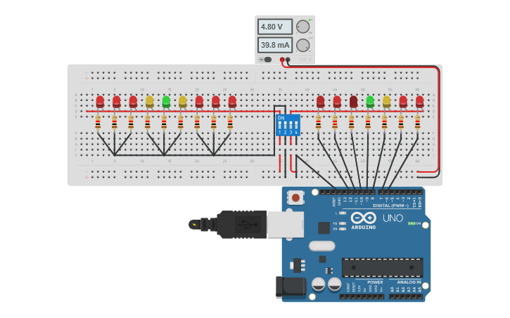 Circuit design Blinking Lights With Switch - Tinkercad