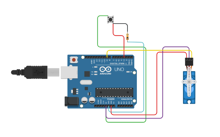 Circuit design push button control servo motor - Tinkercad