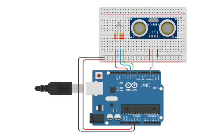 Circuit design Sensor distancia + RGB - Tinkercad