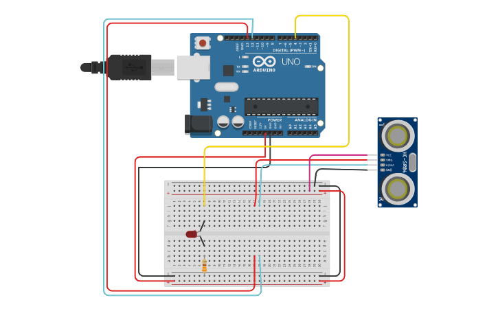 Circuit design Practica 10. Sensor de distancia ultrasonico - Tinkercad