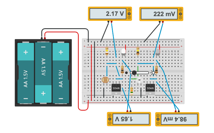 Circuit design LED circuit with a photoresistor and a nMOS FET | Tinkercad
