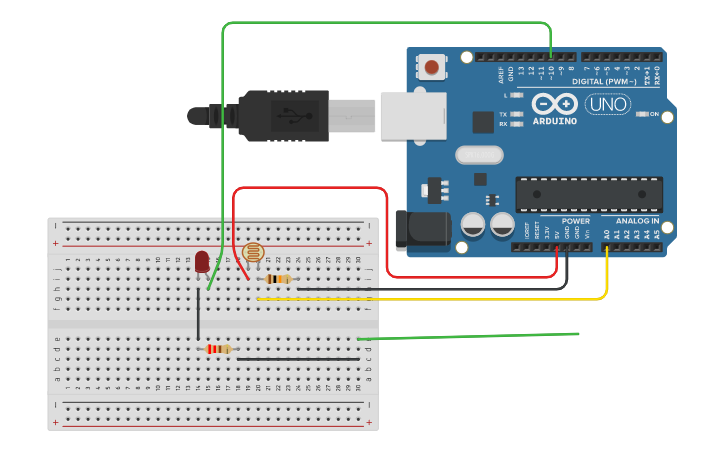 Circuit design Ligar Led com o aumento da intensidade luminosa - Tinkercad