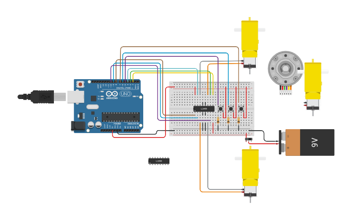 Circuit design 2 DC motors with L293D and Arduino+3 Button - Tinkercad