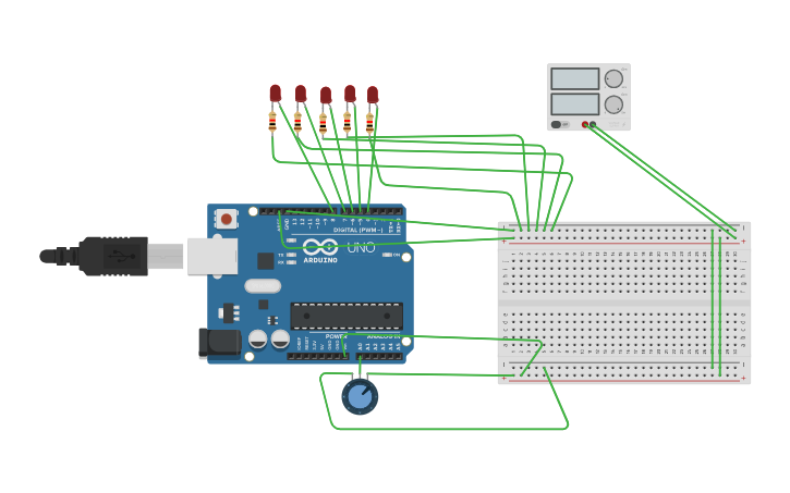 Circuit design 5 bit binary with brightness control - Tinkercad