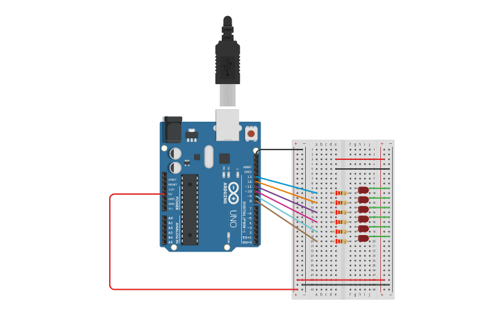 Circuit design LED in a row using Arduino - Tinkercad