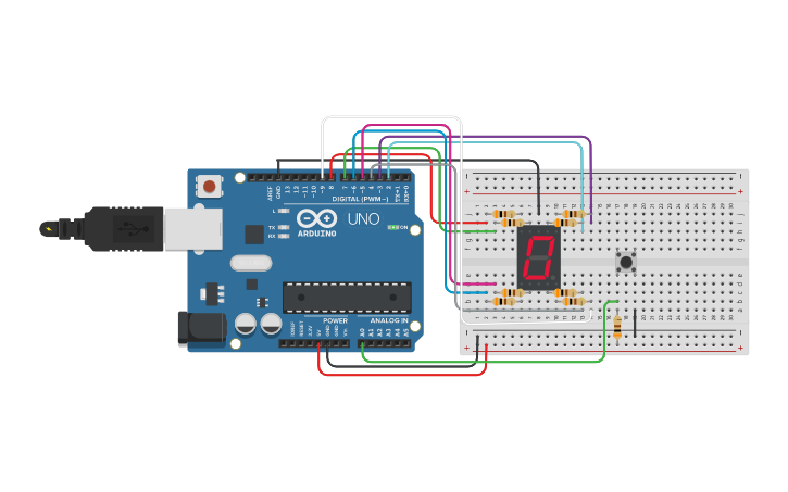 Circuit design Display de 7 segmentos + push-button - Tinkercad