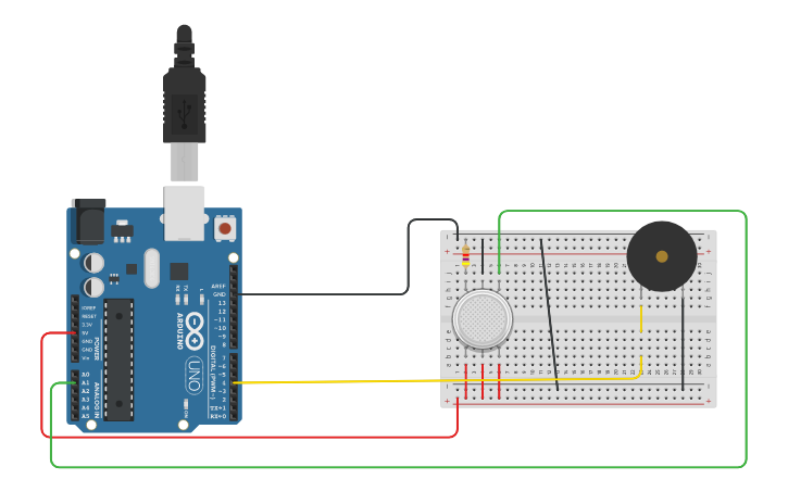 Circuit design Smoke sensor with buzzer and LED - Tinkercad