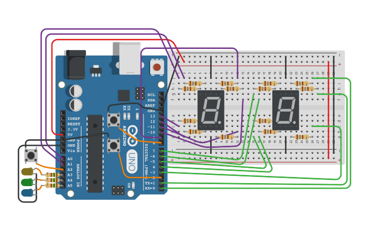 Circuit design Counter 04E: SuS 00..99 CC (3 Taster + 3LEDs + 2x7SEG ...