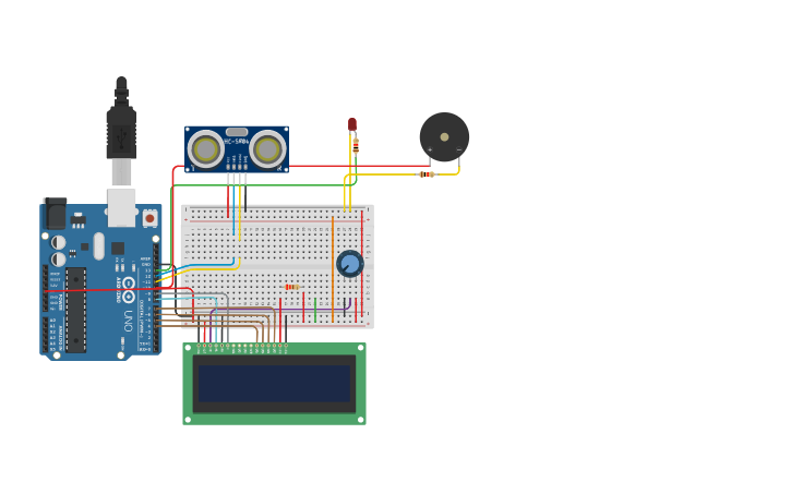 Circuit design Copy of BT Lab 5 : LCD + Cảm biến siêu âm - Tinkercad