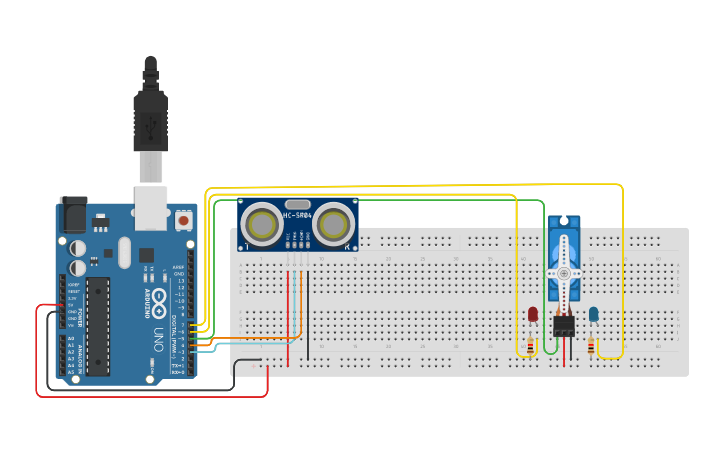 Circuit design Ticket N°8 - Controlar con Sensor Ultrasonido | Tinkercad