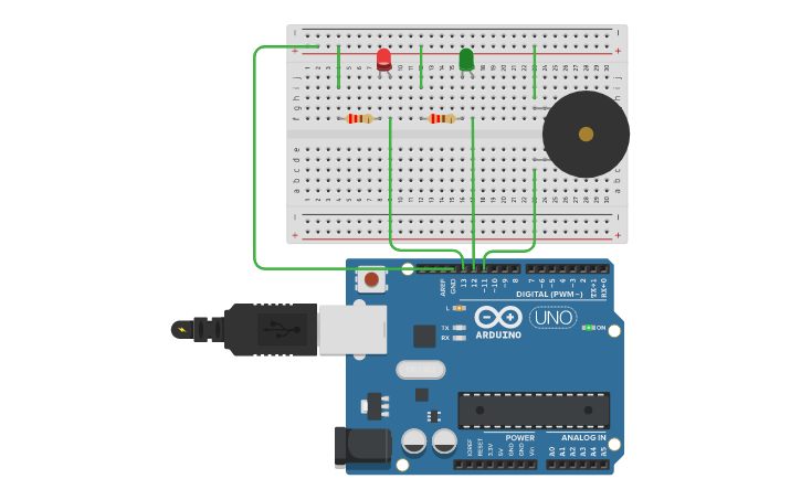 Circuit design Semáforo de peatones invidentes - Tinkercad