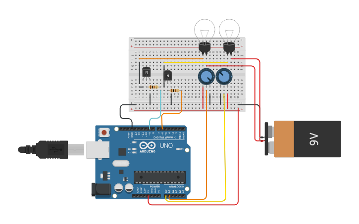 Circuit design Arduino Using potentiometer , 2 Light Bulb, npn ...