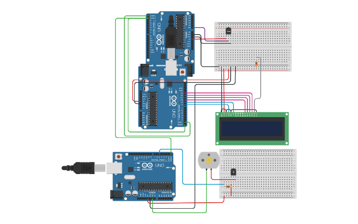 Circuit design LCD y Sensor de Temperatura y motor | Tinkercad