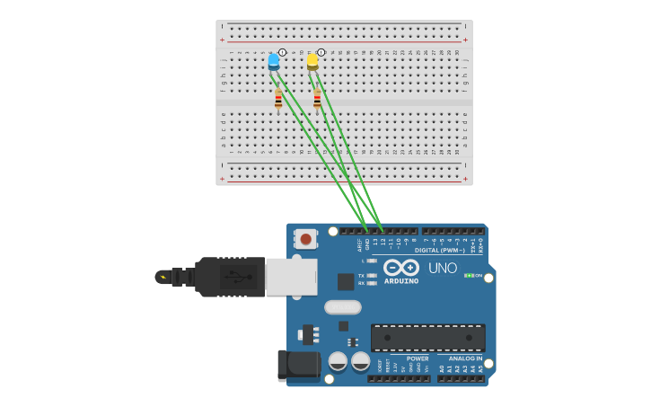 Circuit design TWO BLINKING LEDs - Tinkercad