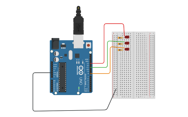Circuit design Sequence 3 LEDS - Tinkercad