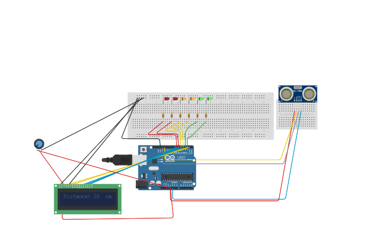 Circuit design Arduino parking sensor with led - Tinkercad