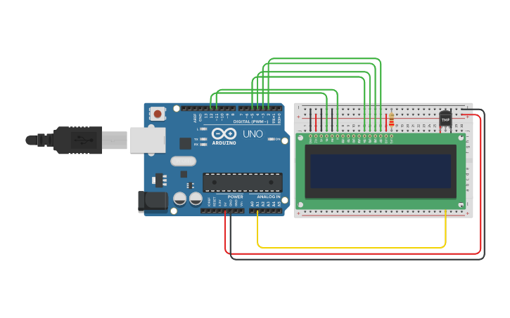 Circuit design Arduino Temperature with LCD | Tinkercad