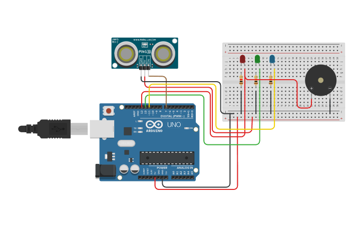 Circuit design Sensor de Proximidad con LEds - Tinkercad