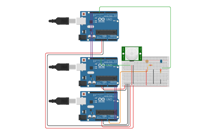 Circuit design One Master - Two Slaves (I2C) | Tinkercad