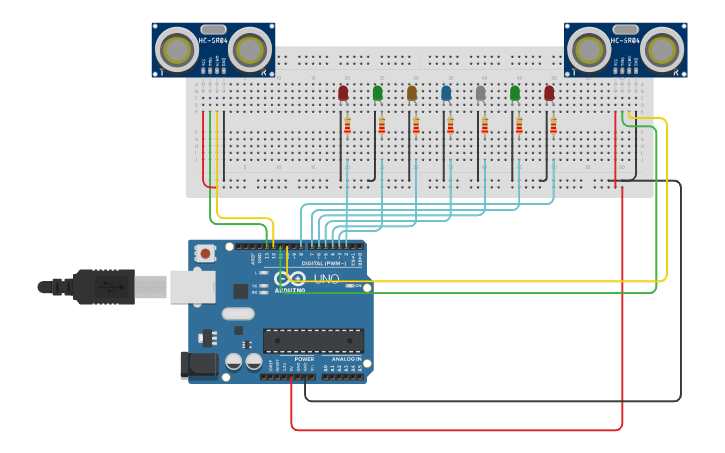 Circuit design two ultrasonic sensor | Tinkercad