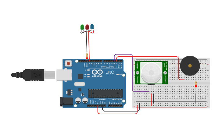 Circuit design PIR Motion Sensor and Buzzer - Tinkercad