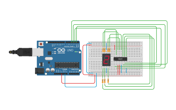 Circuit design Contador binario 7 segmentos - Tinkercad