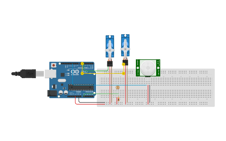 Circuit design P5 Circuito dos servomotores con sensor PIR - Tinkercad