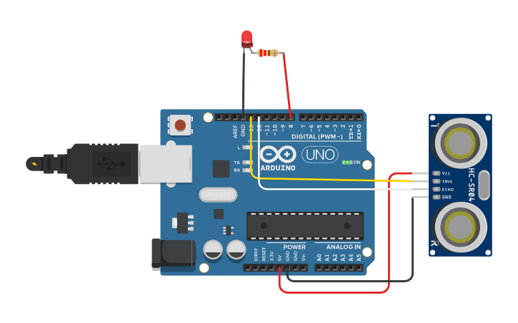 Circuit design Ultrasonic Sensor with LED #2 - Tinkercad