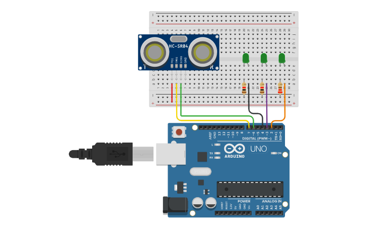 Circuit design sensor ultrasonico y leds - Tinkercad