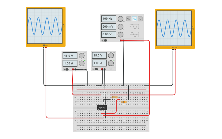 Circuit design Esercizio oscilloscopio/amplificatore - Tinkercad