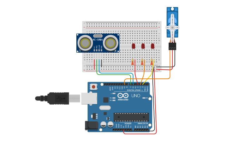 Circuit design Ultrasonic Distance Sensor LED - Tinkercad