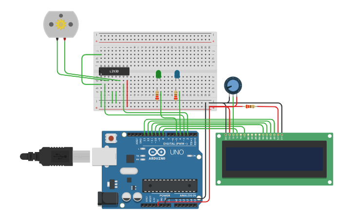 Circuit design Arduino+LCD+MotorCC com L293D - Tinkercad