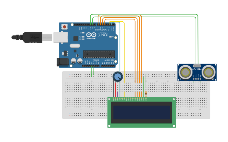 Circuit design Ultrasonic sensor + LCD | Tinkercad