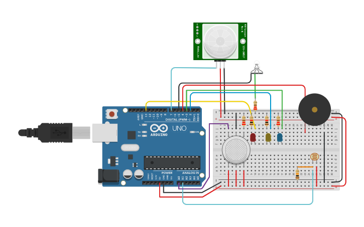 Circuit design Three sensors and LEDs - Tinkercad