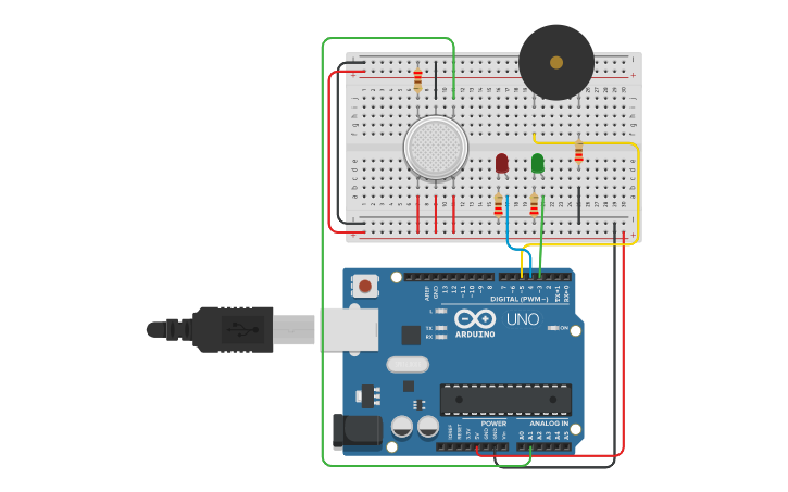 Circuit design Smoke Detection using Gas Sensor - Tinkercad