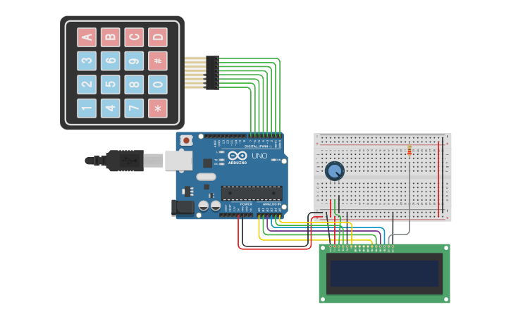 Circuit design Información del teclado numérico en el LCD - Tinkercad