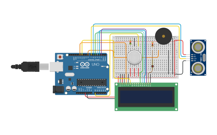 Circuit design Gas Sensor + LCD Screen + Ultrasonic Sensor - Tinkercad