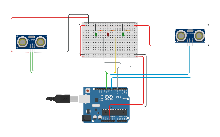 Circuit design Doble Sensor Ultrasonico | Tinkercad