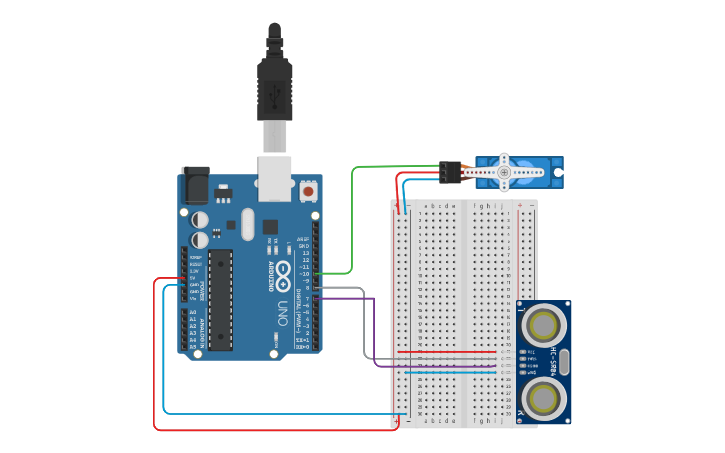 Circuit design Sensor ultrassônico e Servo Motor - Tinkercad