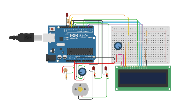 Circuit design Potentiometer w/ LED, Photoresistor, DC Motor - Tinkercad