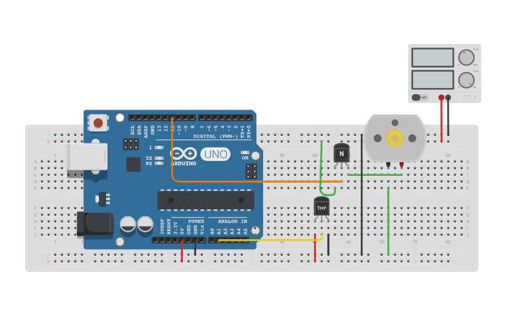 Circuit design Control DC Motor con Sensor de temperatura - Tinkercad